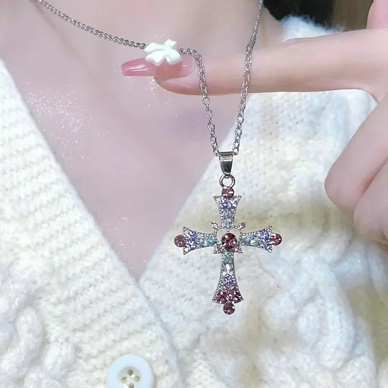 Crystal Cross Pendant Necklace for Gothic Y2K and Dark Feminine Fashion