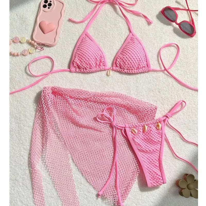 Earthy Textured Three-Piece Triangle Bikini Set with Cowrie Shell Accents and Net Skirt