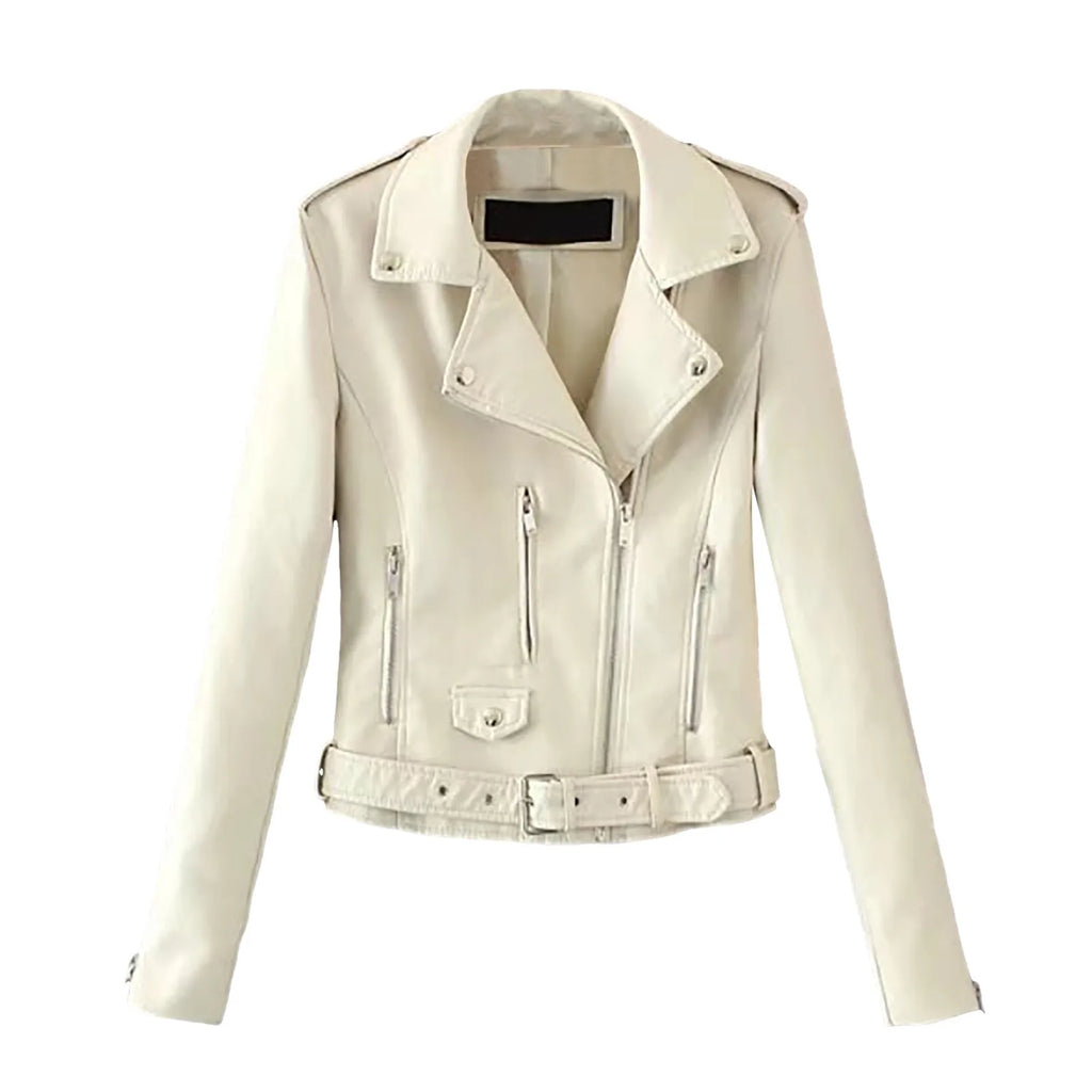 Women's Belted Faux Leather Moto Jacket with Asymmetrical Zip Streetwear Outerwear Style