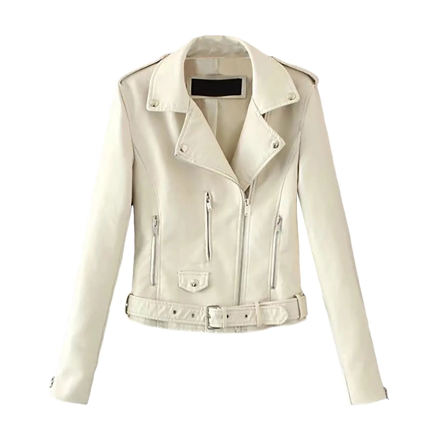 Women's Belted Faux Leather Moto Jacket with Asymmetrical Zip Streetwear Outerwear Style