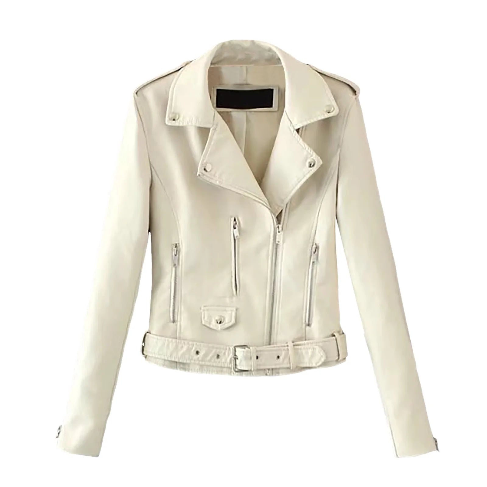 Women's Belted Faux Leather Moto Jacket with Asymmetrical Zip Streetwear Outerwear Style