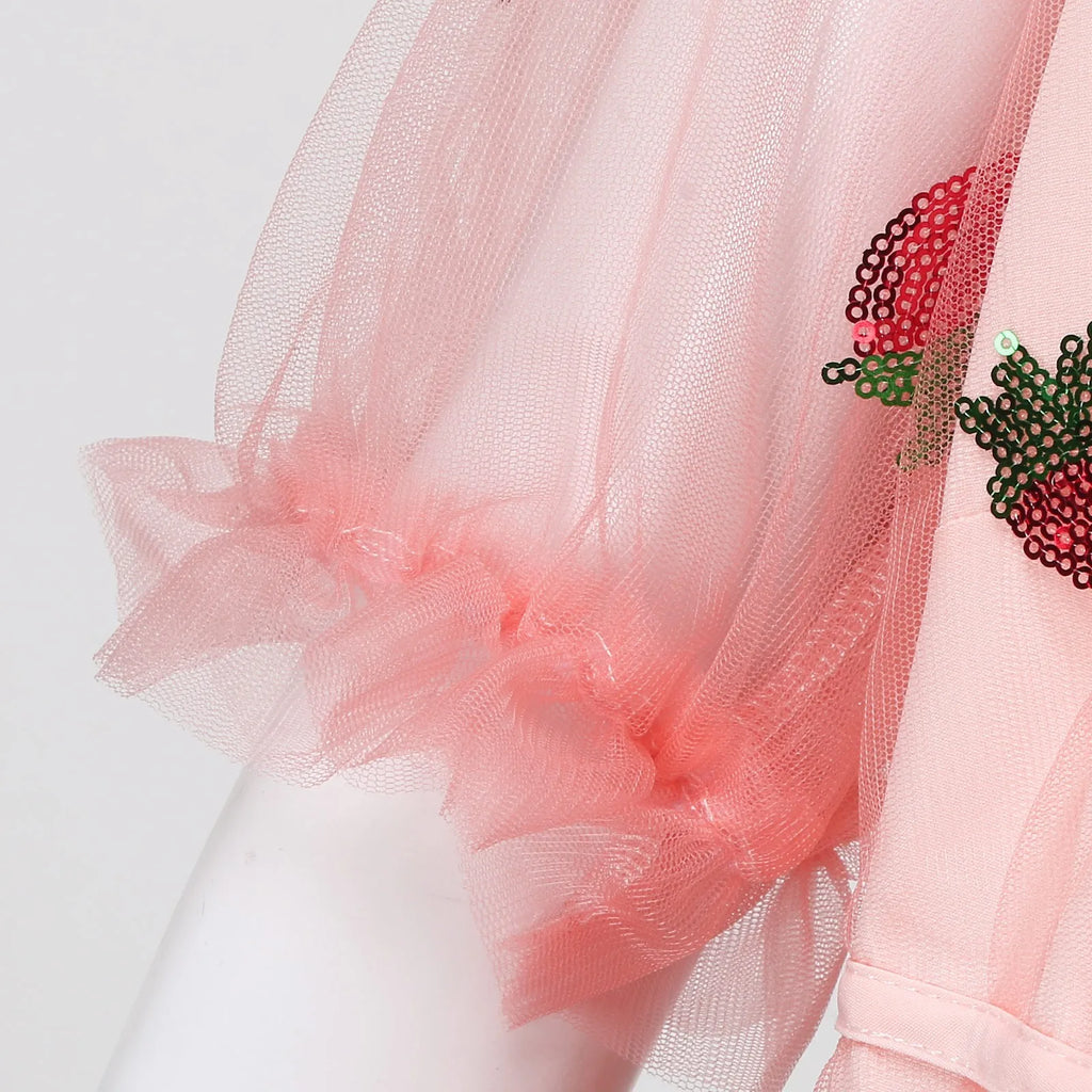 Strawberry Embroidered Pink Tulle Maxi Dress with Puff Sleeves and Ruffled Hem