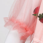 Strawberry Embroidered Pink Tulle Maxi Dress with Puff Sleeves and Ruffled Hem