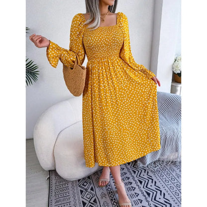 Square Neck Polka Dot Maxi Dress with Long Sleeves and Flowy Silhouette