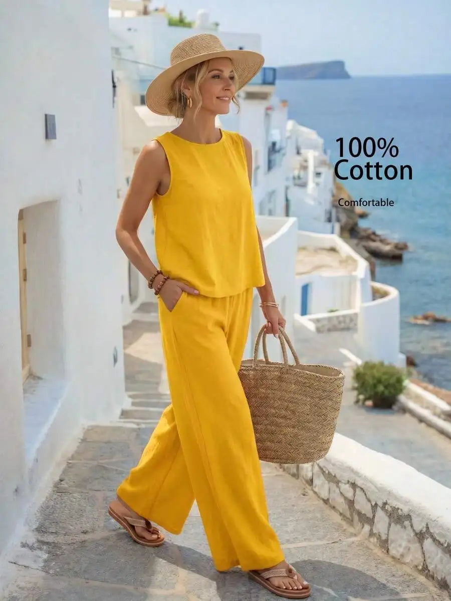 Relaxed Sleeveless Top and Wide Leg Pants Summer Co-Ord Set for Women
