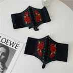 Embroidered Faux Leather Corset Belt with Wide Waist-Defining Silhouette
