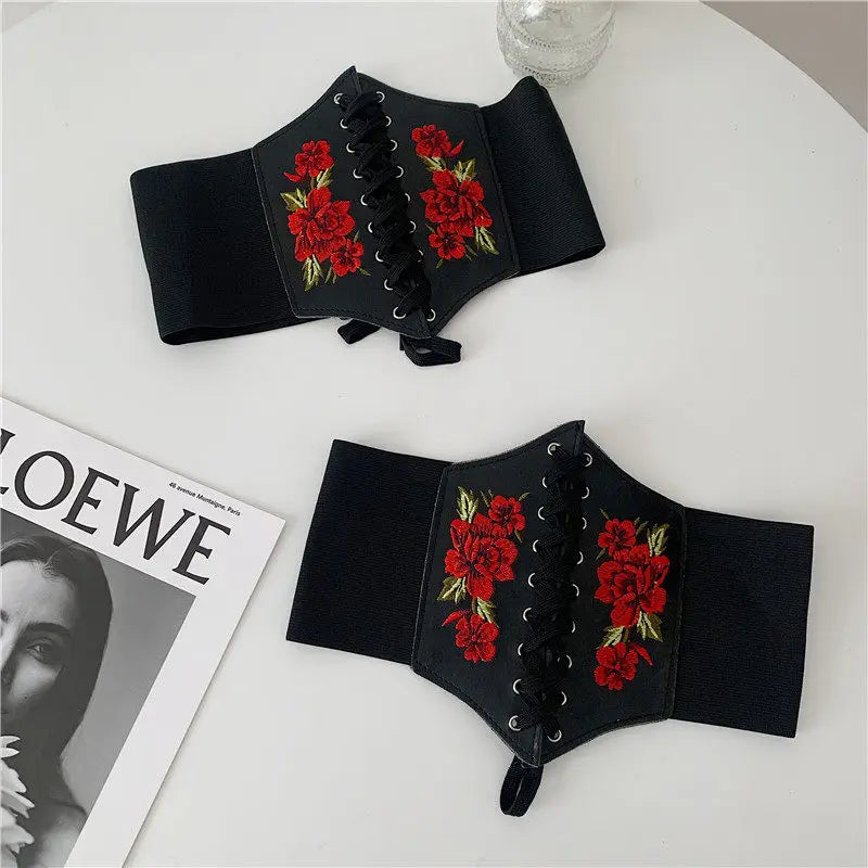 Embroidered Faux Leather Corset Belt with Wide Waist-Defining Silhouette