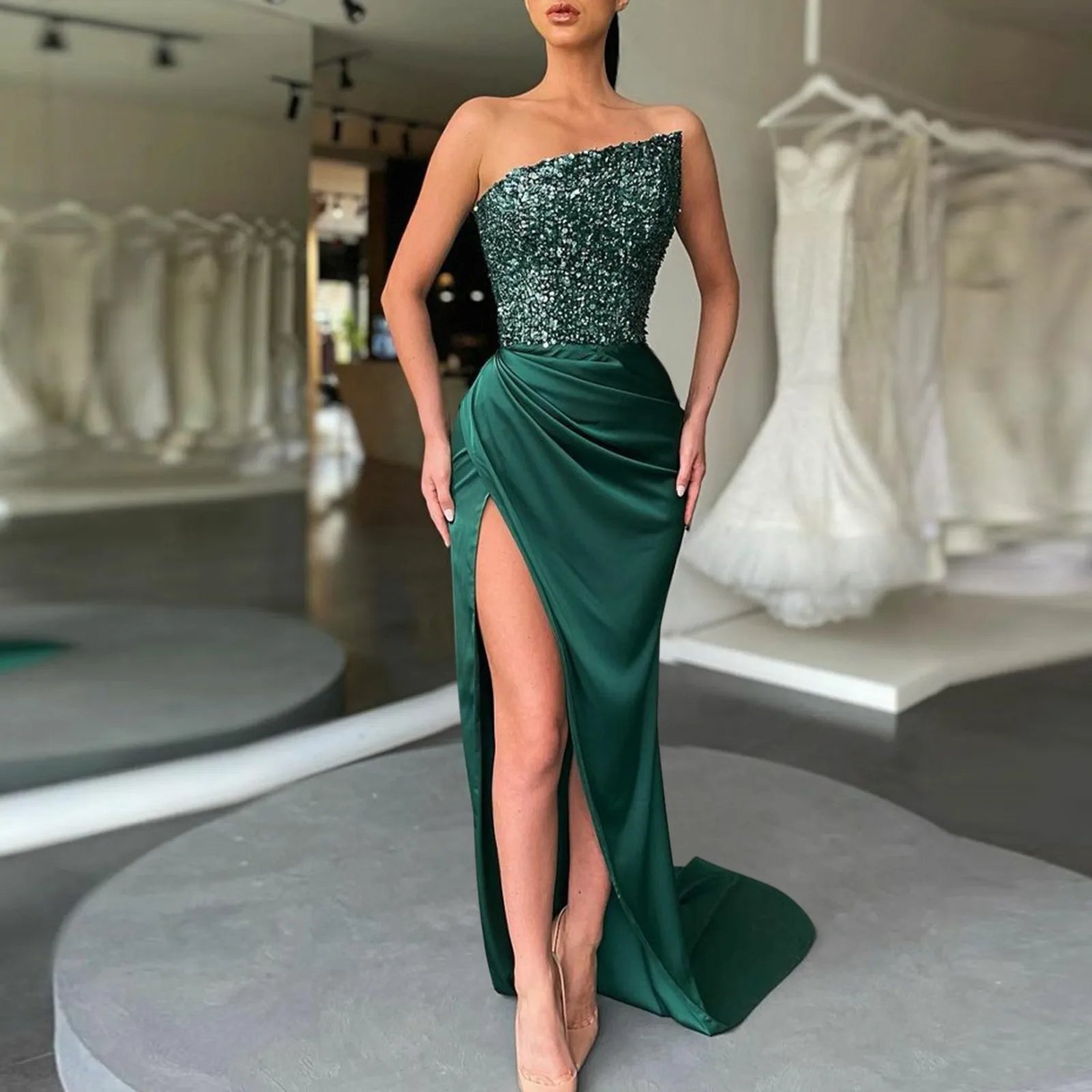 Textured Strapless Maxi Dress With High Slit And Sculpted Shape