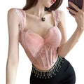 Soft Pink Floral Lace Bustier Tank Top with Ruffled Straps and Center Bow