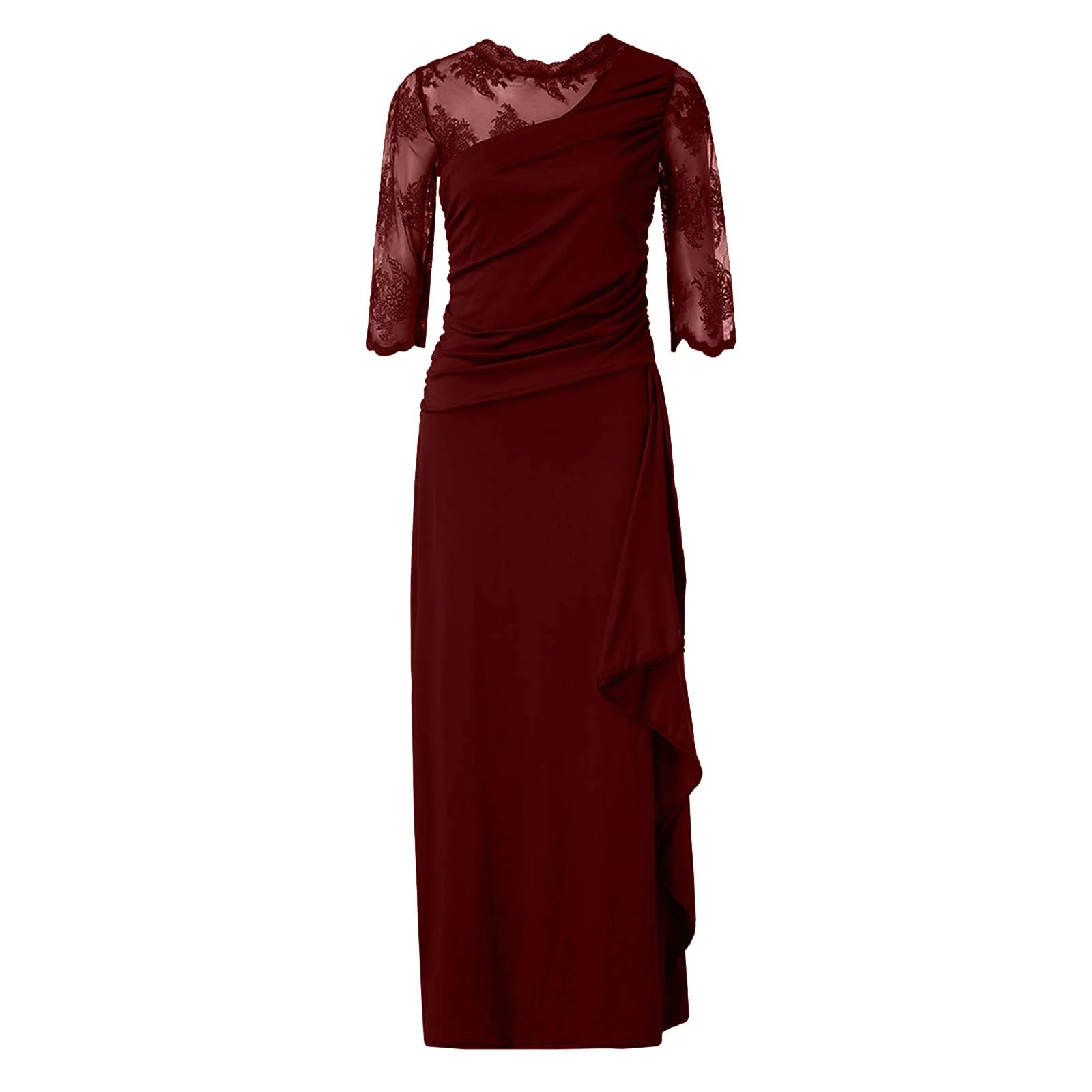 Lace Detail Maxi Dress with Sheer Sleeves and Elegant Column Silhouette