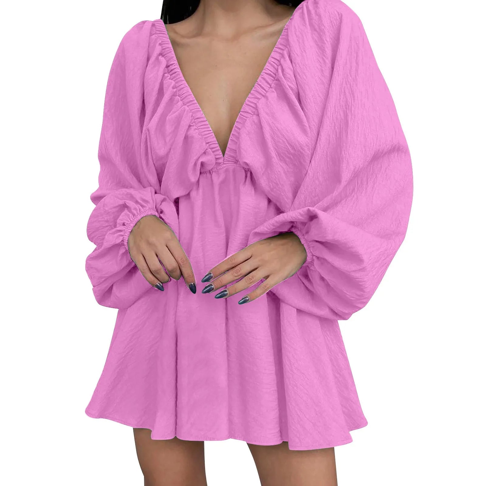 Deep V Neck Pleated Maxi Dress with Flowing Long Sleeves