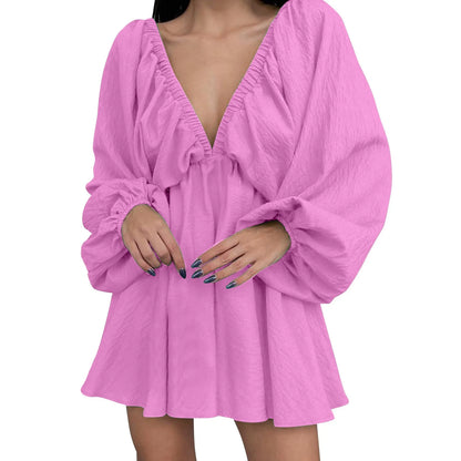 Deep V Neck Pleated Maxi Dress with Flowing Long Sleeves