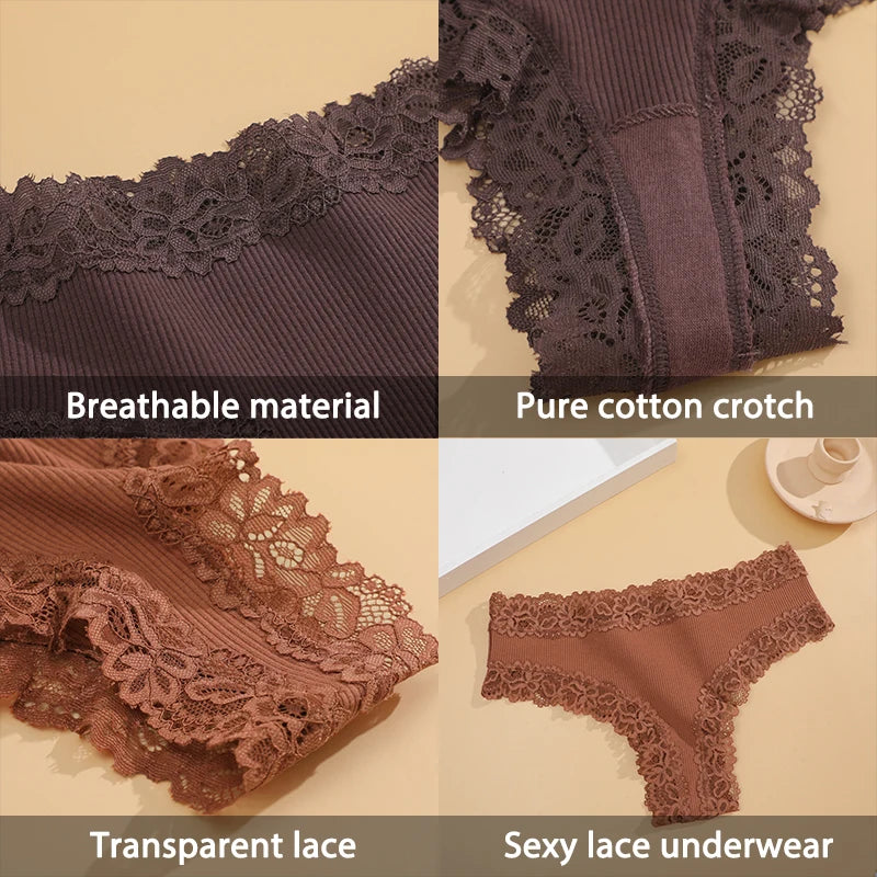 12-Piece Women’s Low-Rise Cotton Thong Panties Set with Ribbed Knit Texture, Lace-Trim Styling and Assorted Solid Colors