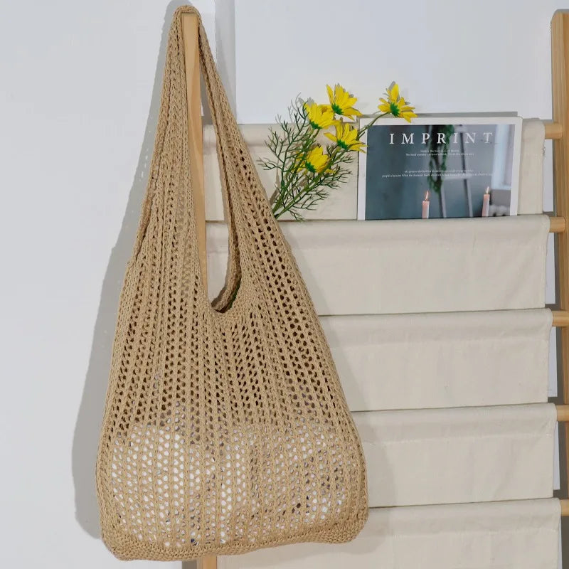 Minimalist Crochet Mesh Hobo Tote Bag for Beach Vacation and Everyday Wear