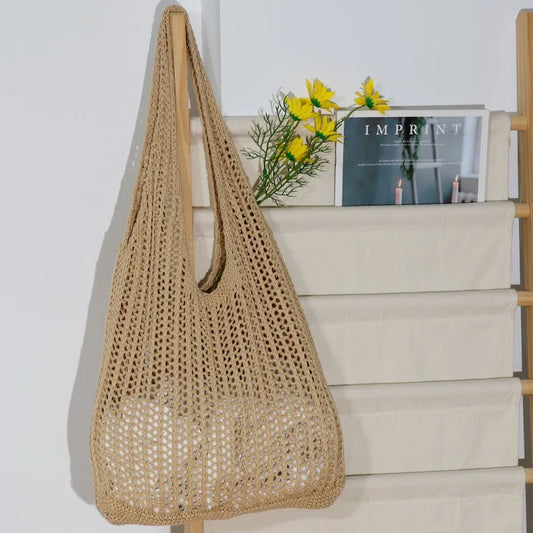 Minimalist Crochet Mesh Hobo Tote Bag for Beach Vacation and Everyday Wear
