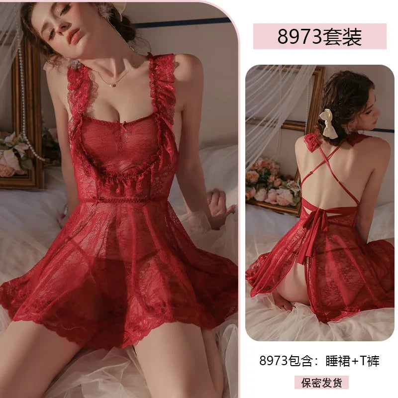 Romantic Sheer Black Floral Lace Ruffled Babydoll Dress