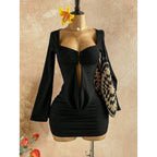 Sweetheart Neck Bodycon Mini Dress with Flare Sleeves and Open Back Detail
