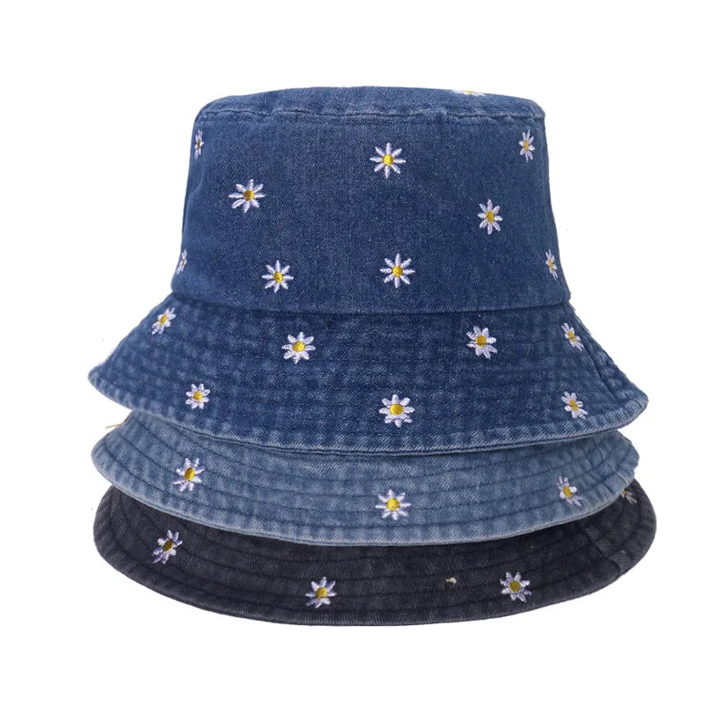 Women's Embroidered Cotton Blend Bucket Hat with Floral Detail for Casual Outdoor Everyday Wear