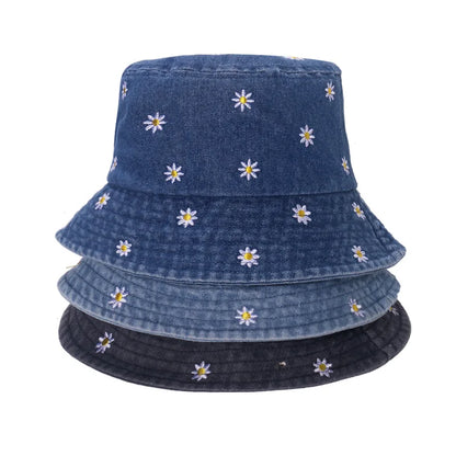 Women's Embroidered Cotton Blend Bucket Hat with Floral Detail for Casual Outdoor Everyday Wear