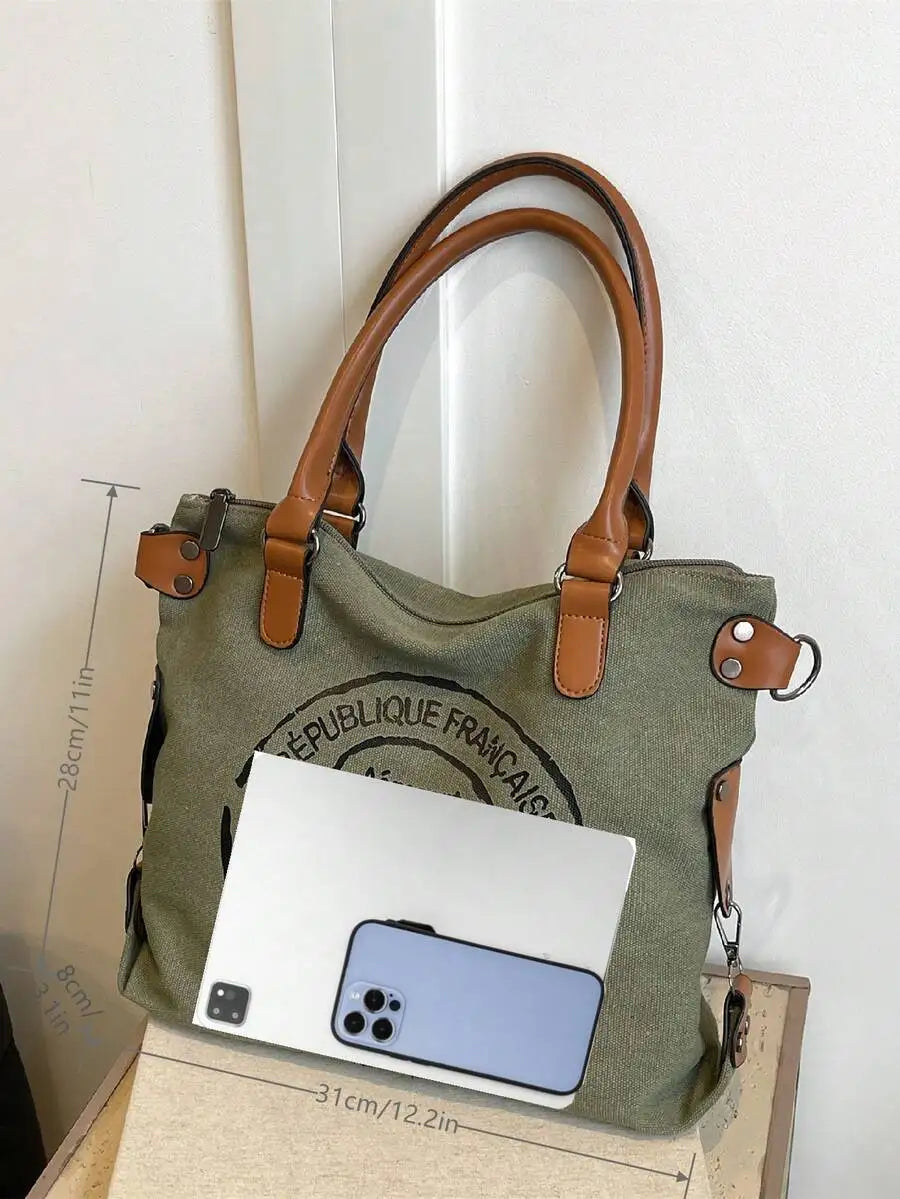 Vintage Inspired Canvas Tote Crossbody Bag with Graphic Print Design