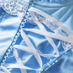 Light Blue Satin Longline Lingerie Set with Lace-Up Detailing and Ruffled Garters