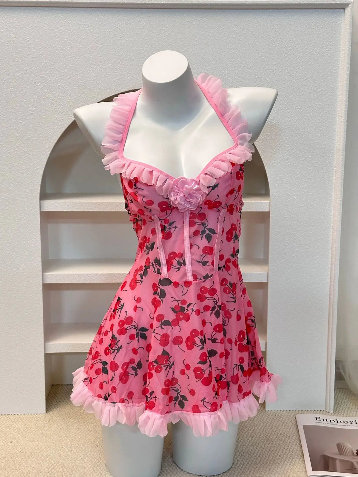 Playful Cherry Print Mesh Babydoll Dress with Ruffled Trim
