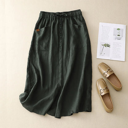 High Waist Button Front A-Line Midi Skirt with Side Slit Casual Everyday Style