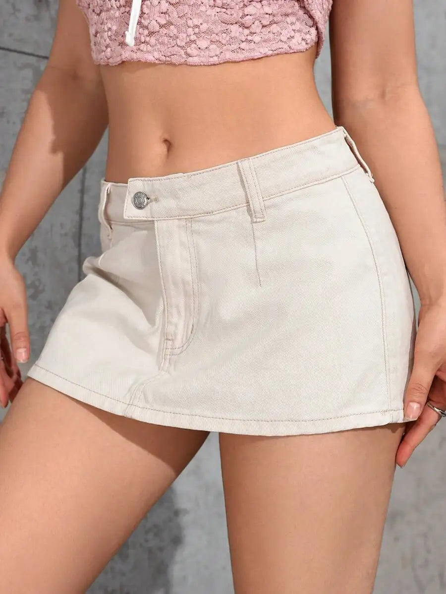 High Waist A-Line Denim Mini Skirt with Distressed Hem Detail