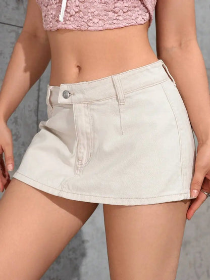 High Waist A-Line Denim Mini Skirt with Distressed Hem Detail