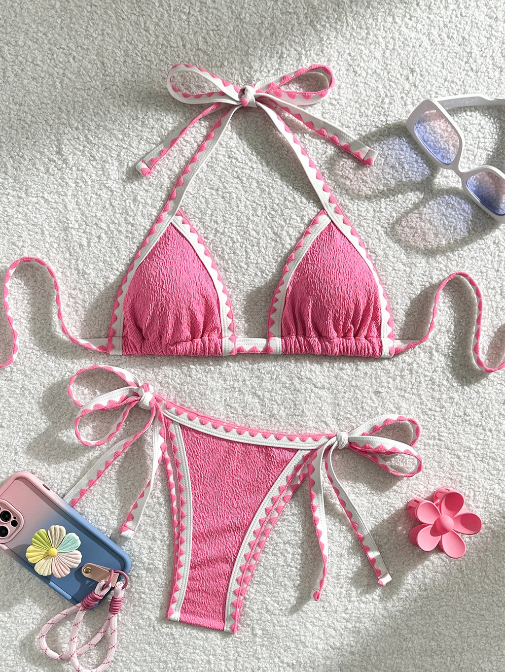 Light Blue Textured Triangle String Bikini with Delicate Ruffled Trim