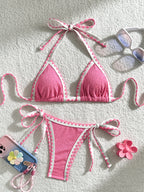 Light Blue Textured Triangle String Bikini with Delicate Ruffled Trim