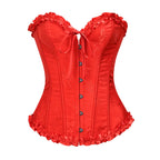 Jacquard Overbust Corset with Ruffled Trim, Structured Boning and Lace-Up Back