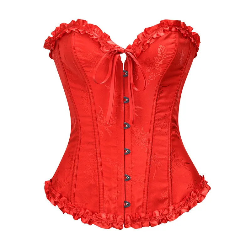 Jacquard Overbust Corset with Ruffled Trim, Structured Boning and Lace-Up Back