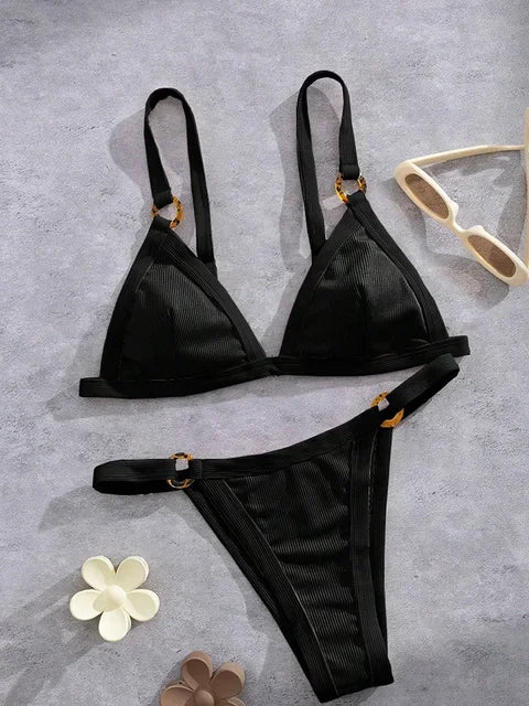 Textured Taupe Bikini with Contrast White Piping and Hardware Accents