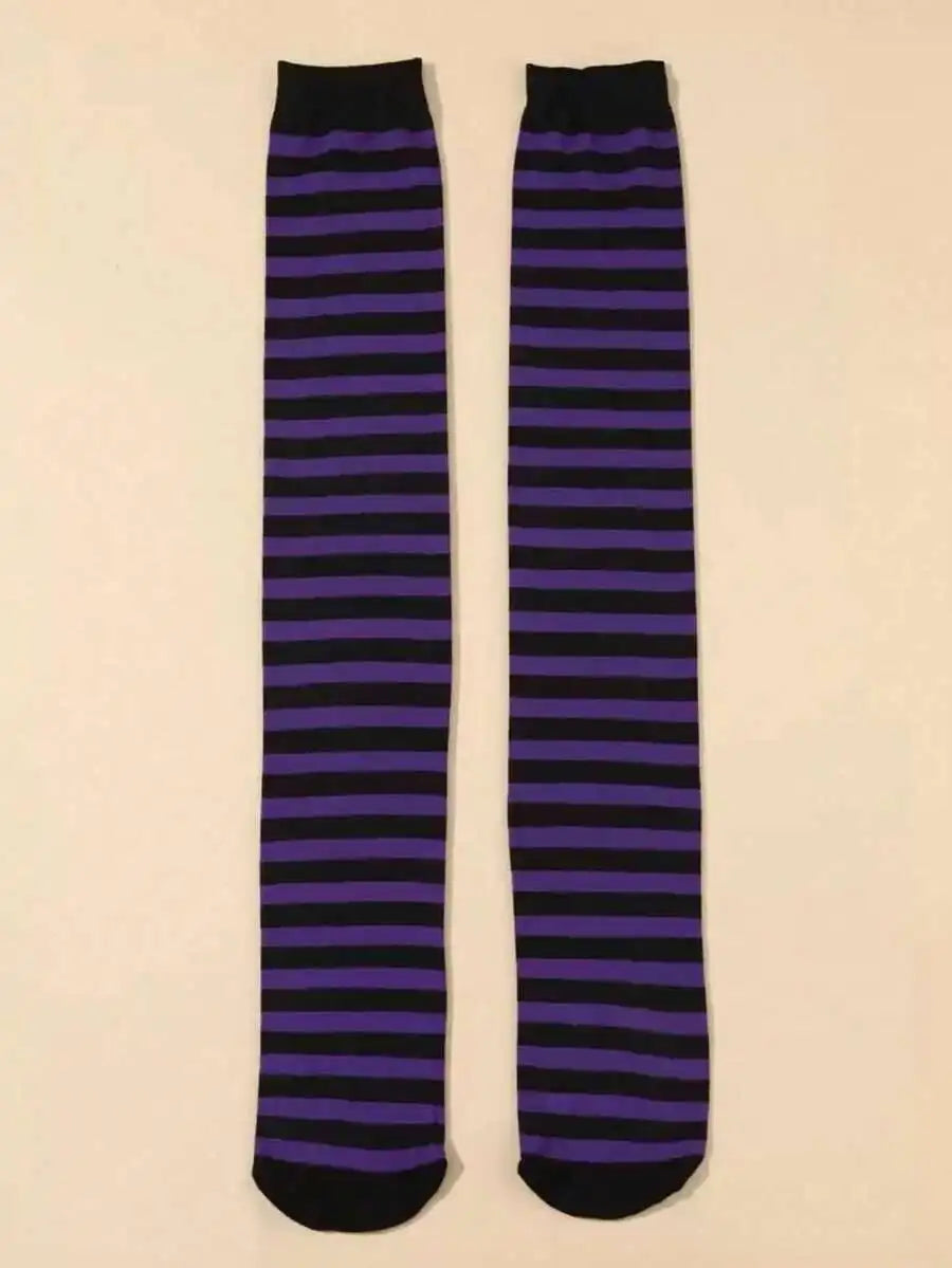 Striped Thigh High Knit Stockings with Bold Gothic Inspired Over-the-Knee Streetwear Style