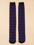 Striped Thigh High Knit Stockings with Bold Gothic Inspired Over-the-Knee Streetwear Style