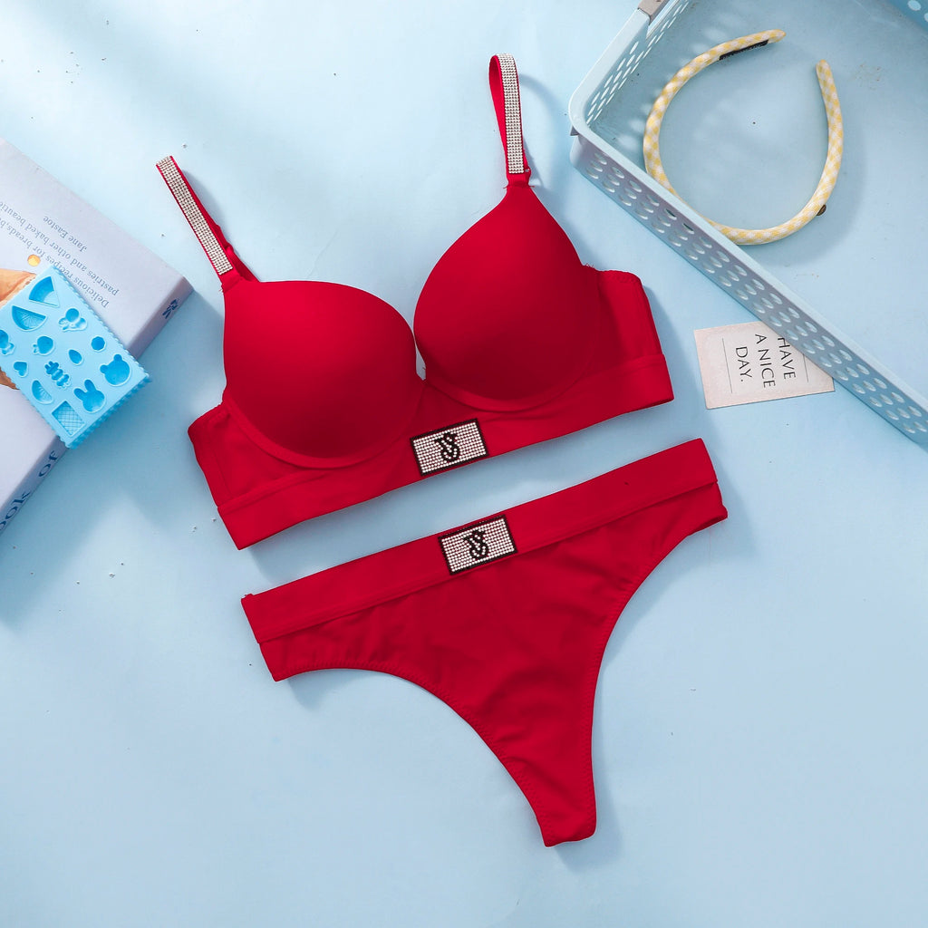 Embellished Script Strap Push-Up Bra and Coordinated Thong Set