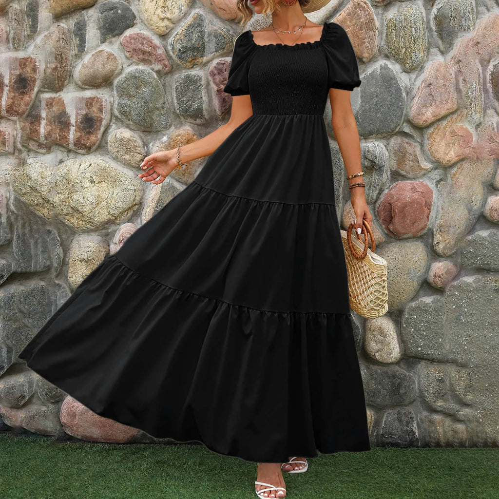 Tiered A-Line Maxi Dress with Smocked Bodice and Puff Sleeves