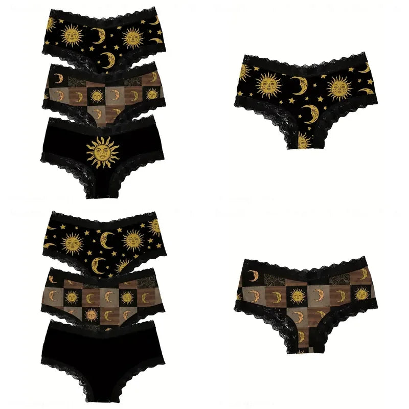 Women’s Black and Gold Lace Briefs with Celestial Sun and Moon-Inspired Details, Decorative Waistband and Alternative Style