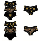 Women’s Black and Gold Lace Briefs with Celestial Sun and Moon-Inspired Details, Decorative Waistband and Alternative Style