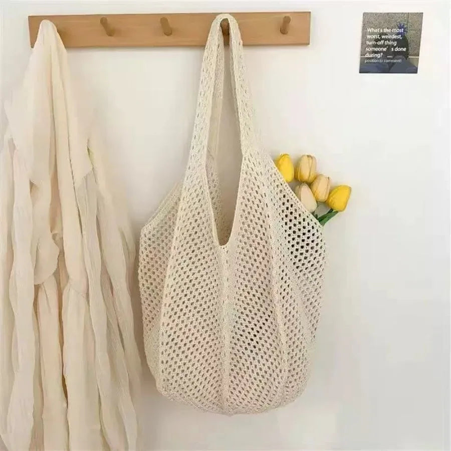 Open Knit Tote Shoulder Bag with Large Capacity Casual Design