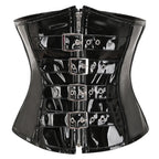 High-Shine Black Faux Leather Underbust Corset with Front Zipper and Metal Buckles