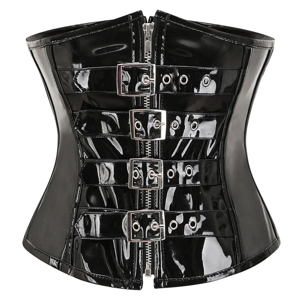 High-Shine Black Faux Leather Underbust Corset with Front Zipper and Metal Buckles
