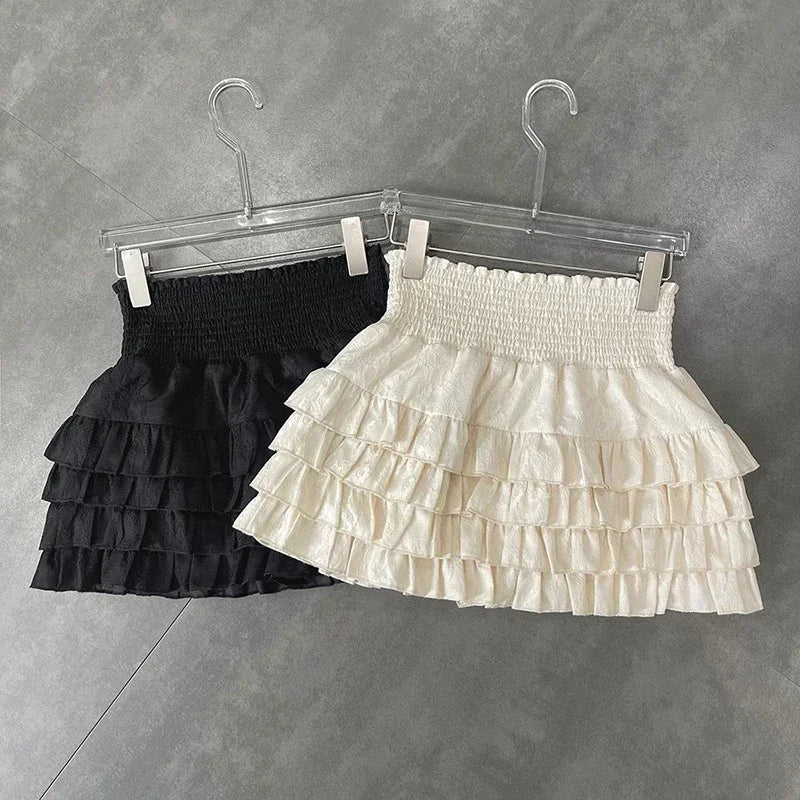 Layered Ruffle Pleated Mini Skirt with High Waist A-Line Silhouette