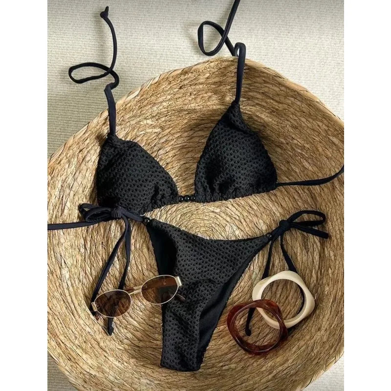 Textured Caramel Triangle String Bikini with Adjustable Side Ties