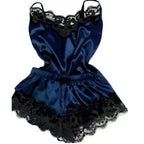 Women's Satin Lace Pajama Set with V-Neck Camisole Top, Matching Shorts, Delicate Lace Trim and Spaghetti Straps