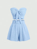 Front Knot Strapless Top and Shorts Summer Casual Co-Ord Set