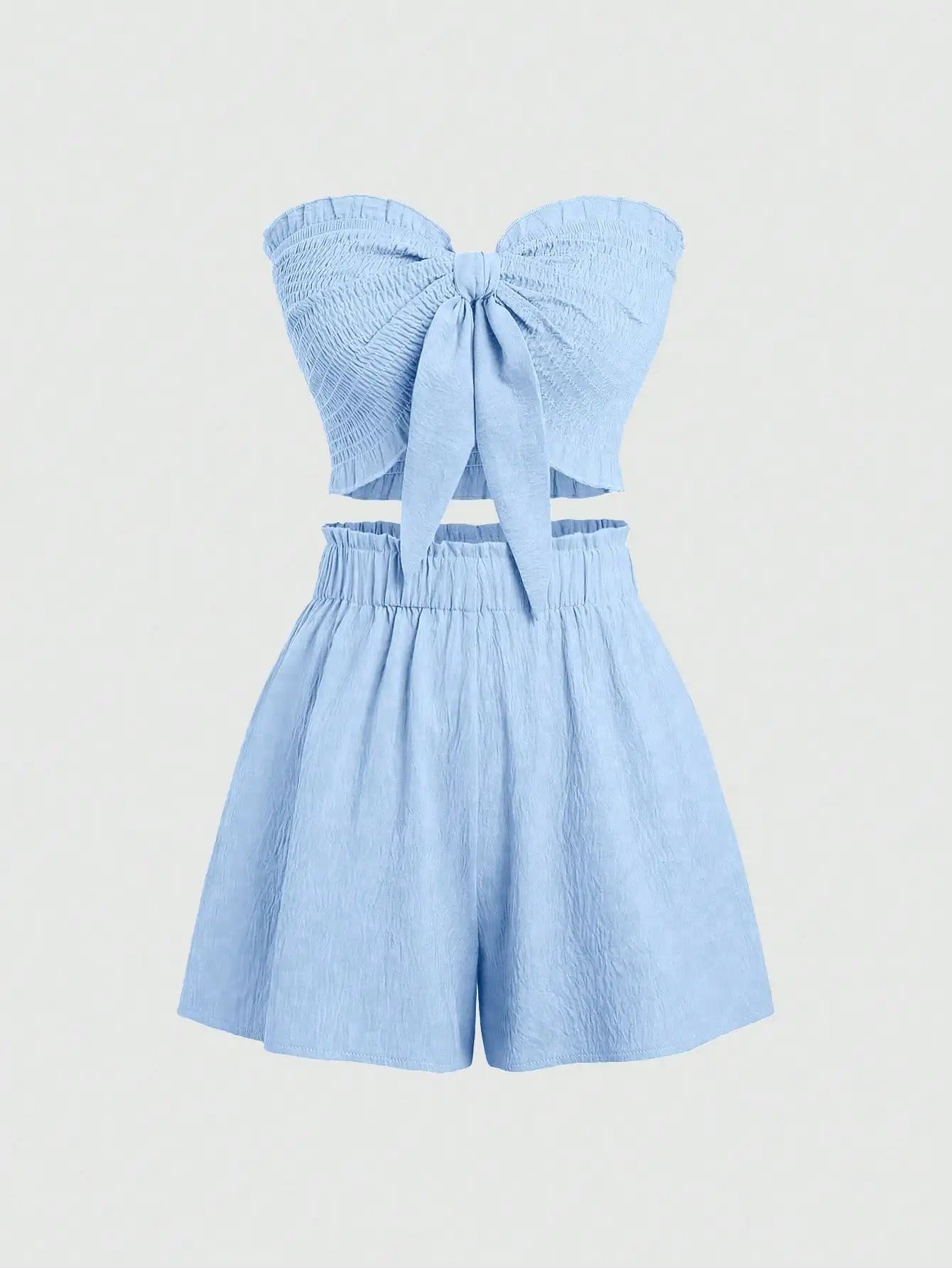 Front Knot Strapless Top and Shorts Summer Casual Co-Ord Set