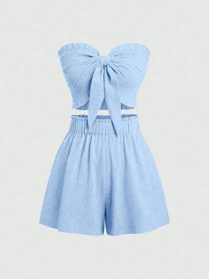 Front Knot Strapless Top and Shorts Summer Casual Co-Ord Set