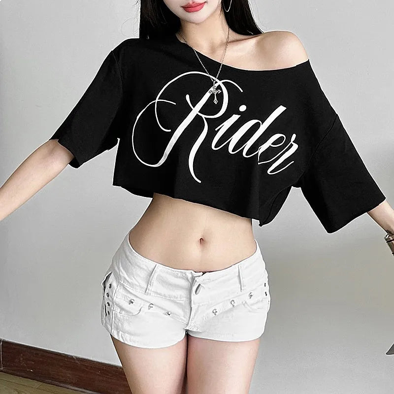 Women's Asymmetric Off Shoulder Graphic Crop T-Shirt for Contemporary Streetwear Casual Fashion Style
